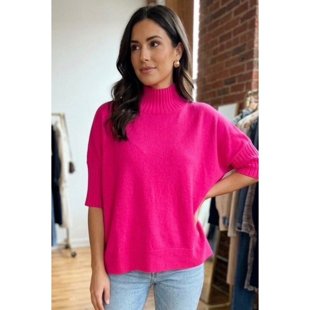 Rain + Rose Hot Pink Knit Mock Neck Boxy Short Sleeve Sweater Top Medium M